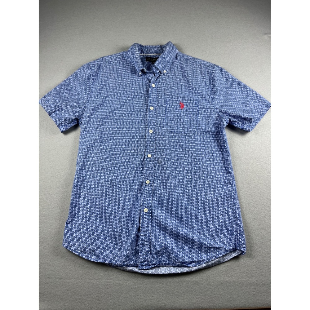 US Polo Assn Mens Blue Geometric Print Short Sleeve Button Down Shirt Size M
